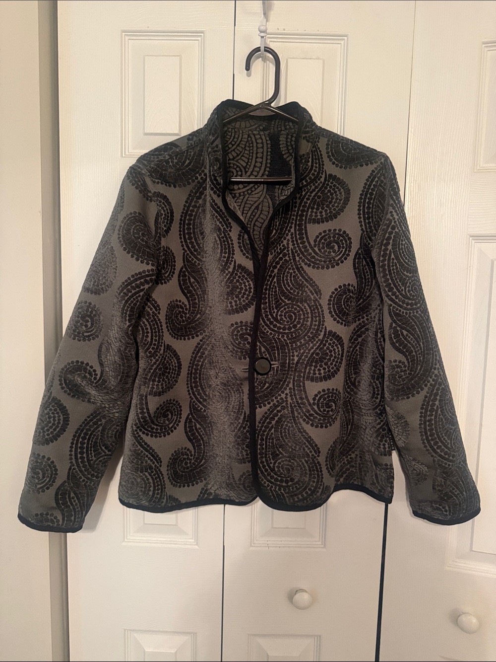 Gray or Black Reversible Paisley-Print Velvet-Overlay Jacket with Black Trim